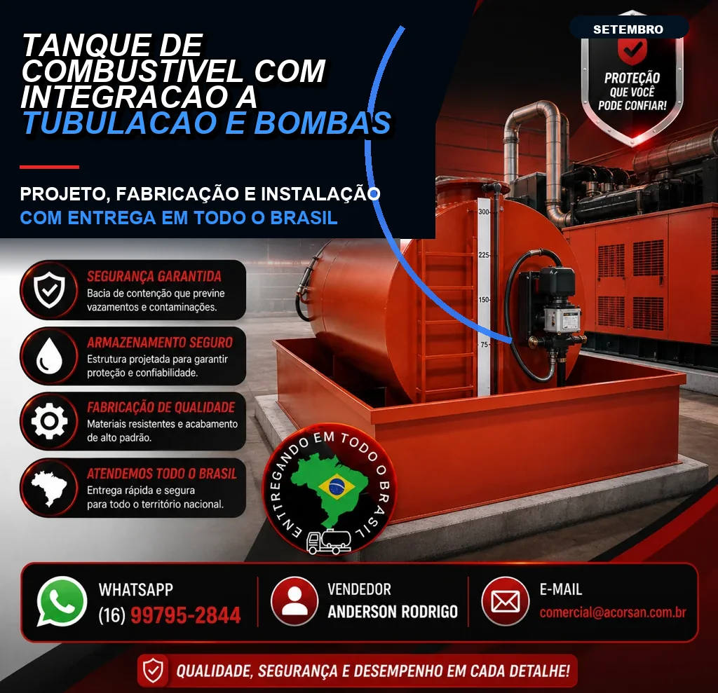 Tanque de combustível com integração a tubulação e bombas